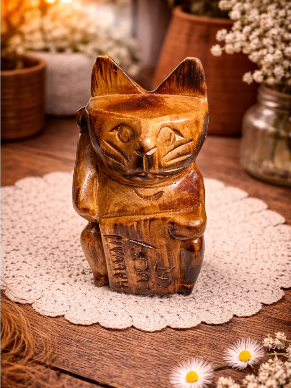 Hawaiian Lucky Cat Figurine Hand‎ Carved Wood  6"
